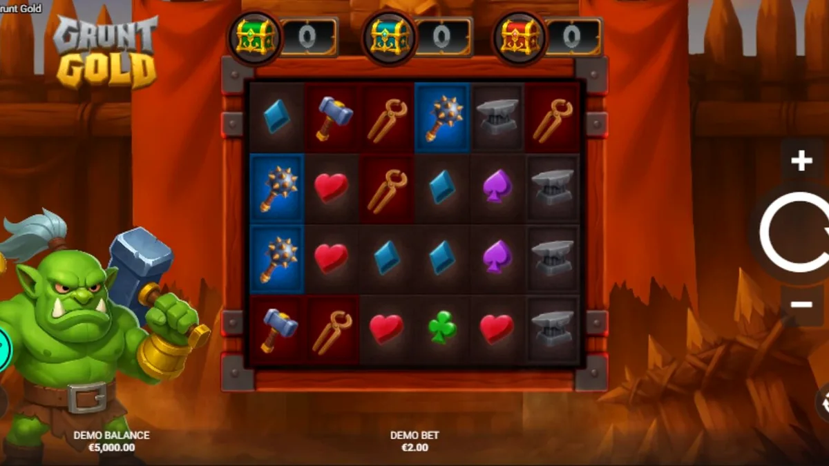 Cena de batalha em uma masmorra com o slot Grunt Gold