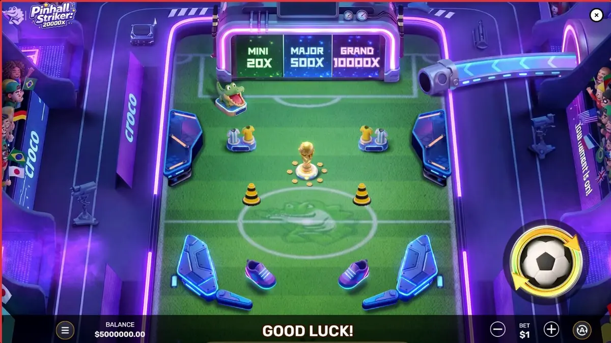 Interface do jogo Pinball Striker 20,000x com elementos de futebol e pinball