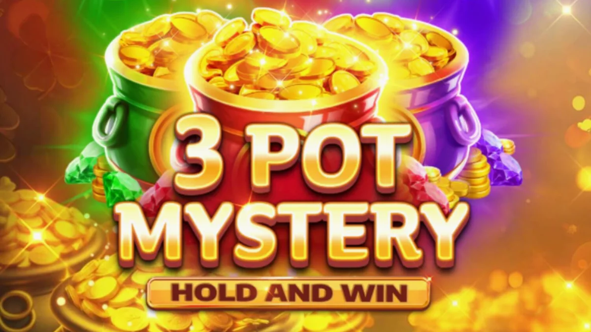 Interface do jogo 3 Pot Mystery Hold and Win com símbolos de ouro e potes brilhantes