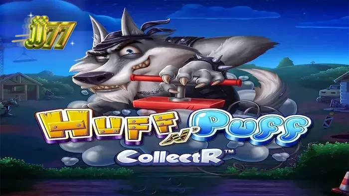 Interface colorida e dinâmica do jogo Huff N' Puff CollectR com porquinhos e elementos de construção
