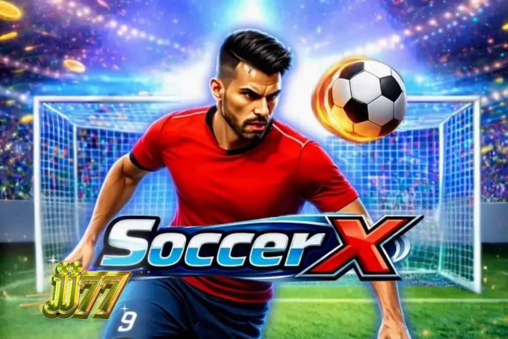 Interface de jogo do slot SoccerX com um campo de futebol e multiplicadores
